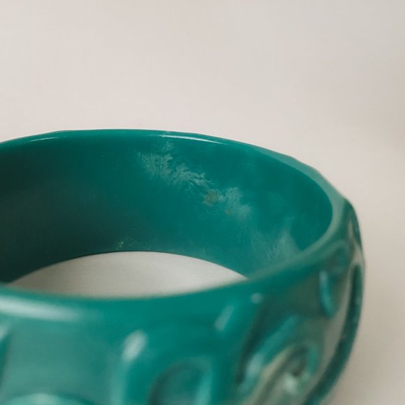 Vintage Acrylic Chunky Teal Green Faux Marble Art Nouveau Wide Bangle Bracelet - Picture 5 of 11